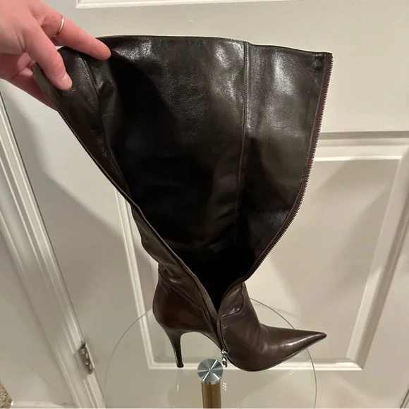 Icône Knee High Pointed Stiletto Boots in Deep Brown Leather